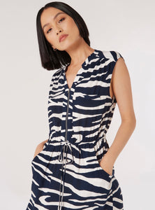 Zebra Print Zip Front Sleeveless Dress
