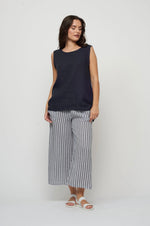 Load image into Gallery viewer, Cropped Linen Pant in Navy Stripe
