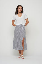 Load image into Gallery viewer, Navy Stripe Linen Skirt with Slit
