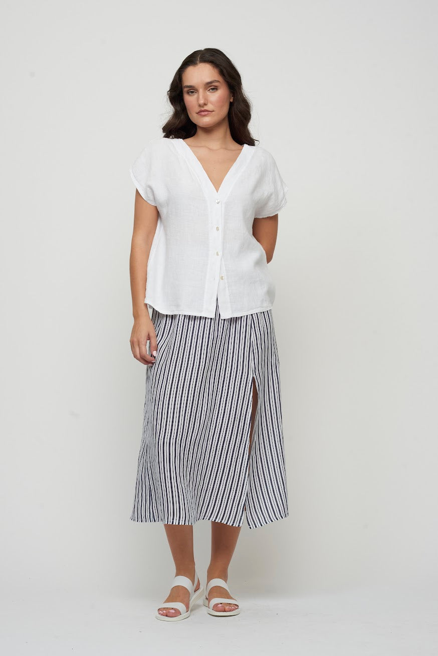 Navy Stripe Linen Skirt with Slit