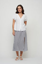 Load image into Gallery viewer, Navy Stripe Linen Skirt with Slit
