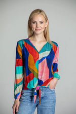 Load image into Gallery viewer, Colourful Abstract Tie Blouse

