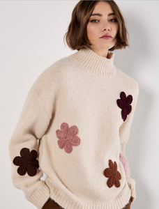 Embroidered Flower Chunky Knit Mockneck