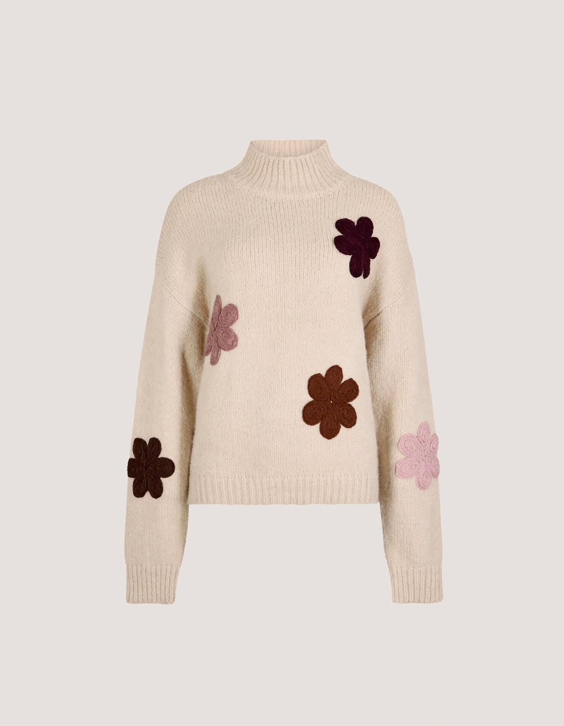 Embroidered Flower Chunky Knit Mockneck