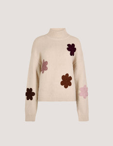 Embroidered Flower Chunky Knit Mockneck