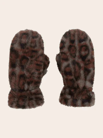 Faux Animal Print Fur Mittens