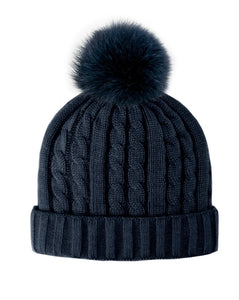 Classic Navy Cable Knit with Navy Fox Fur Pom Pom