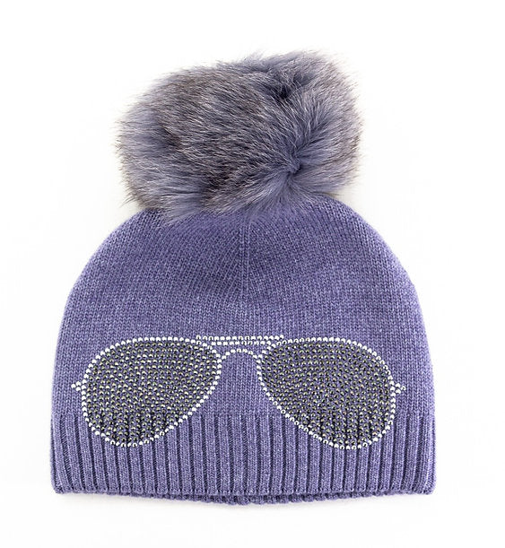 Lilac Aviator Knit Hat with Fox Pompom