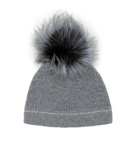 Grey Beanie with Contrast Crystal Trim and Fox FurPom Pom