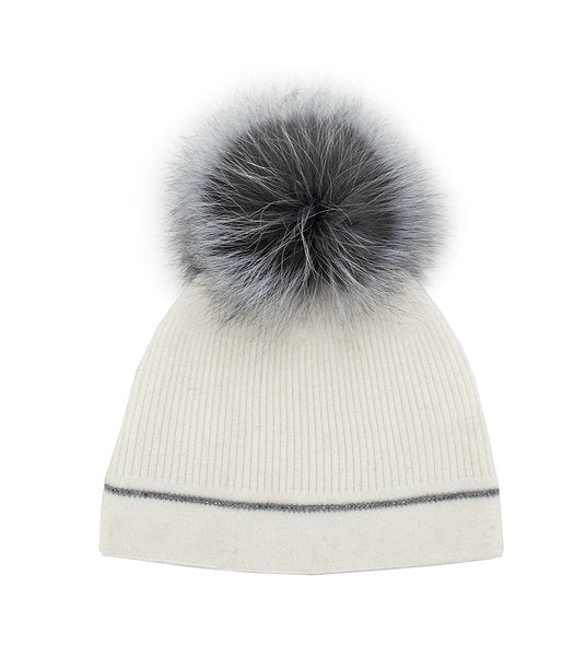 White Beanie with Contrast Crystal Trim and Fox FurPom Pom