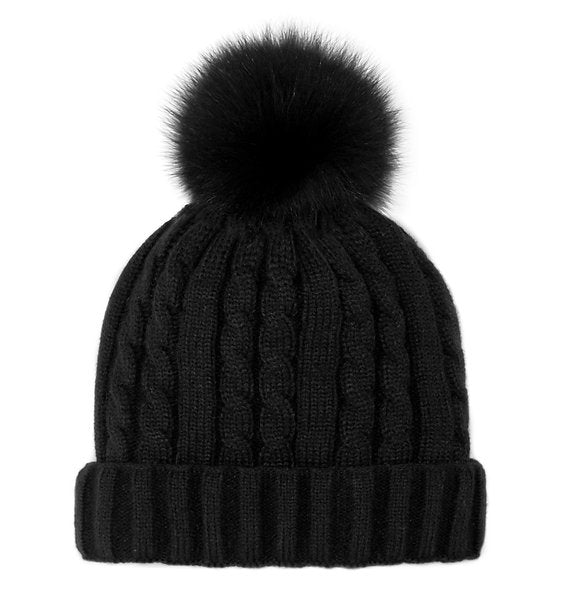 Classic Black Cable Knit with Black Fox Fur Pom Pom