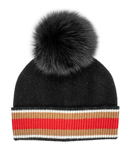 Knit Hat with Contrast Cuff and Fox Fur Pom Pom