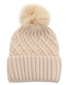 Cable Knit with Ribbed Cuff & Fox Fur Pom Pom