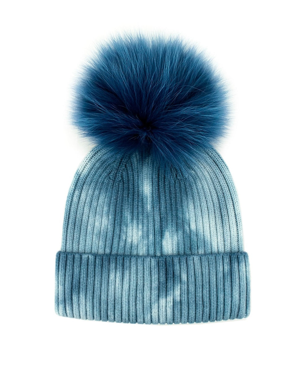 Tie Dye Hat with Fox Fur Pom Pom