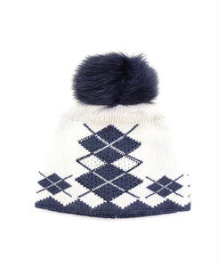 Denim Argyle Knit Hat with Crystals with Pom Pom